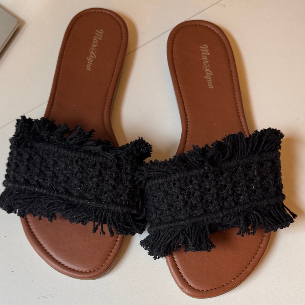 Black Fringe Slide Sandals